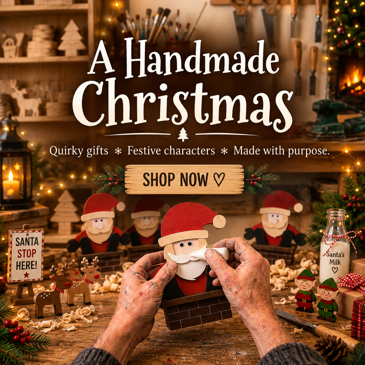 Handmade Christmas Gifts collection banner — craftsman's hands building a wooden Santa in a festive workshop setting, Turning Corners