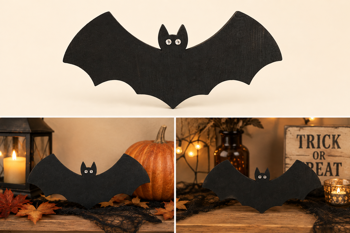 Handmade wooden Halloween bat cut from black painted birch ply with glass gem eyes, shown freestanding and as a Halloween display decoration