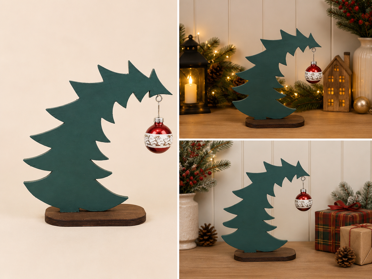 Handmade wooden teal Christmas tree silhouette with hanging red bauble on a dark wood base, shown as a freestanding Christmas shelf decoration