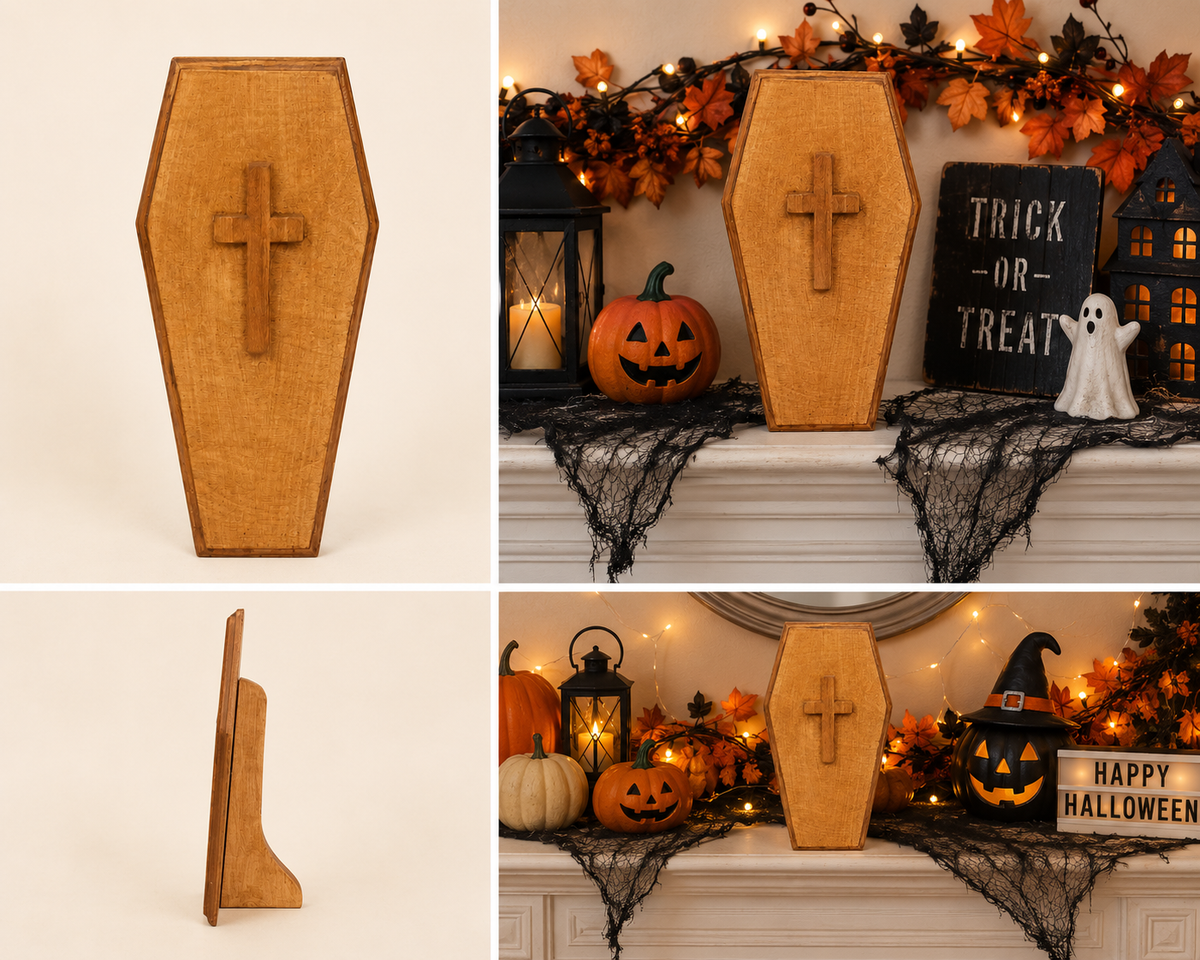 Handmade wooden coffin lid decoration with raised cross detail, freestanding on a mantelpiece as part of a Halloween display