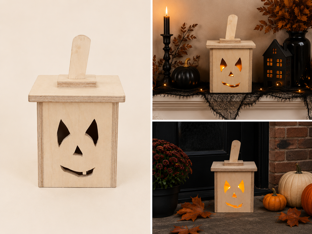 Handmade wooden Pumpkin Lantern Box with jack-o-lantern face, shown as a lantern with warm light and as a decorative Halloween display piece
