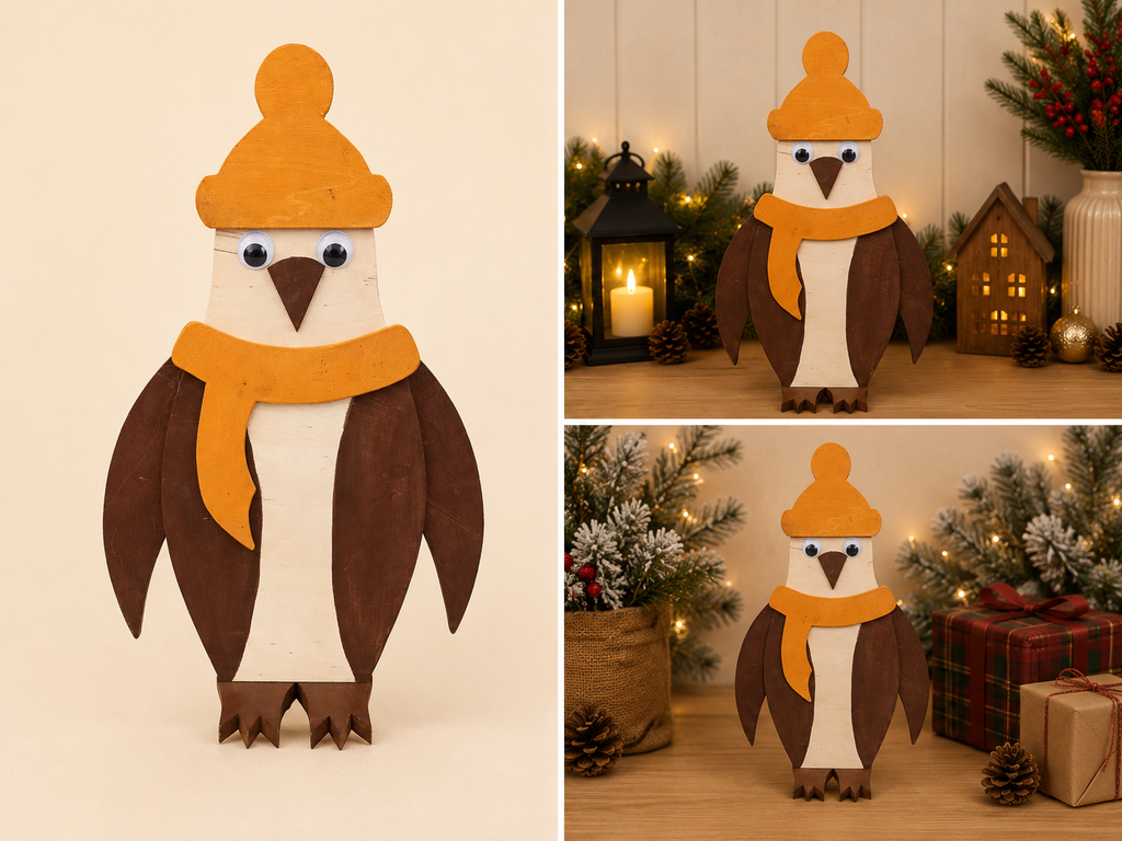 Handmade wooden penguin Christmas decoration with orange bobble hat and scarf, shown in lifestyle settings with fairy lights and festive greenery