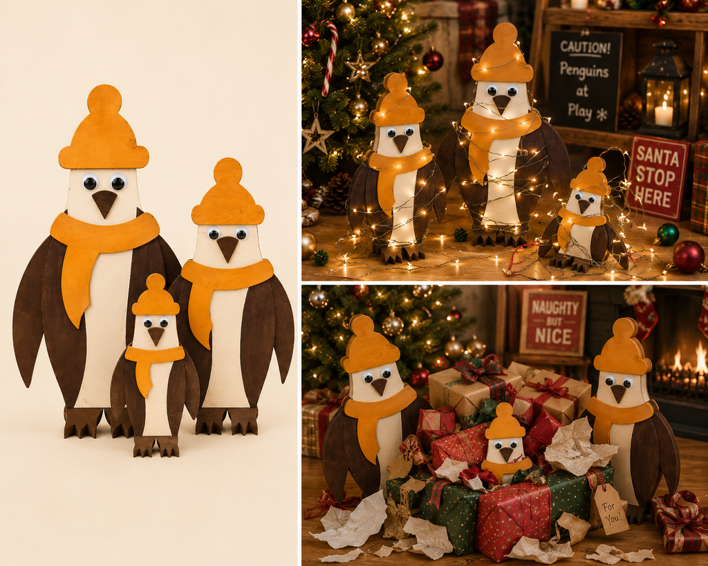Handmade wooden penguin family Christmas decorations in small, medium and large sizes, shown together in festive lifestyle settings
