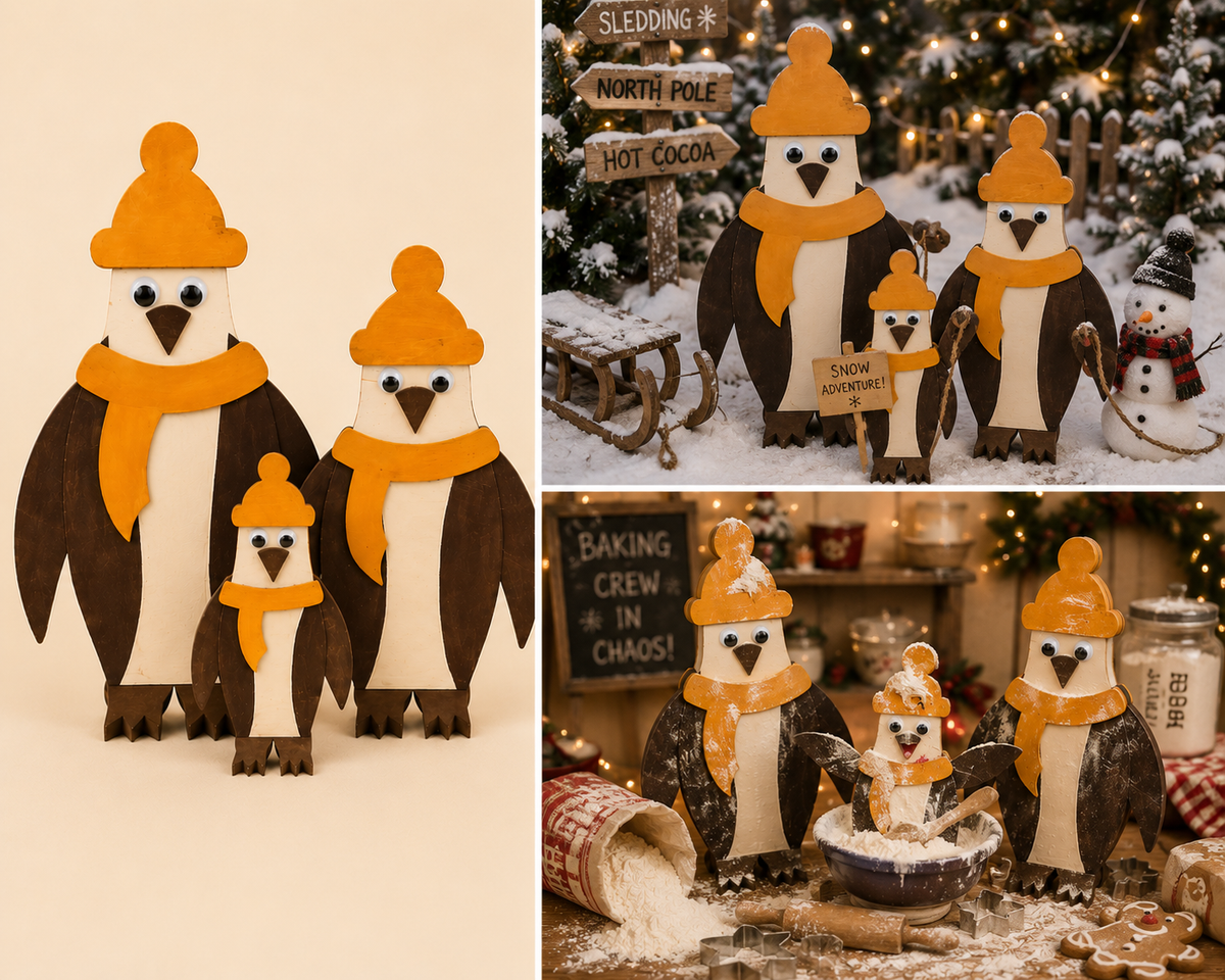 Handmade wooden penguin family Christmas decorations in three sizes, shown in snowy outdoor and festive kitchen lifestyle settings