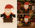 Handmade wooden Santa Claus in chimney decoration with brick chimney base, googly eyes and wide smile, shown freestanding as a Christmas display piece