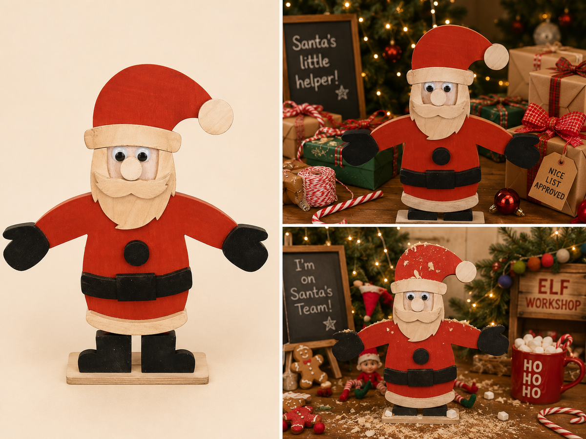 Handmade wooden Santa Claus character decoration with red suit, black belt, white beard and googly eyes, shown freestanding as a Christmas display piece