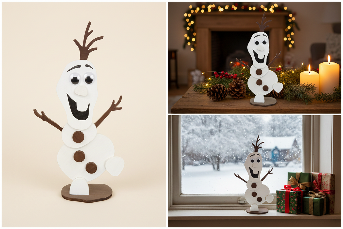 Handmade wooden joyful snowman character decoration with googly eyes, wide smile and arms outstretched, shown freestanding as a Christmas display piece