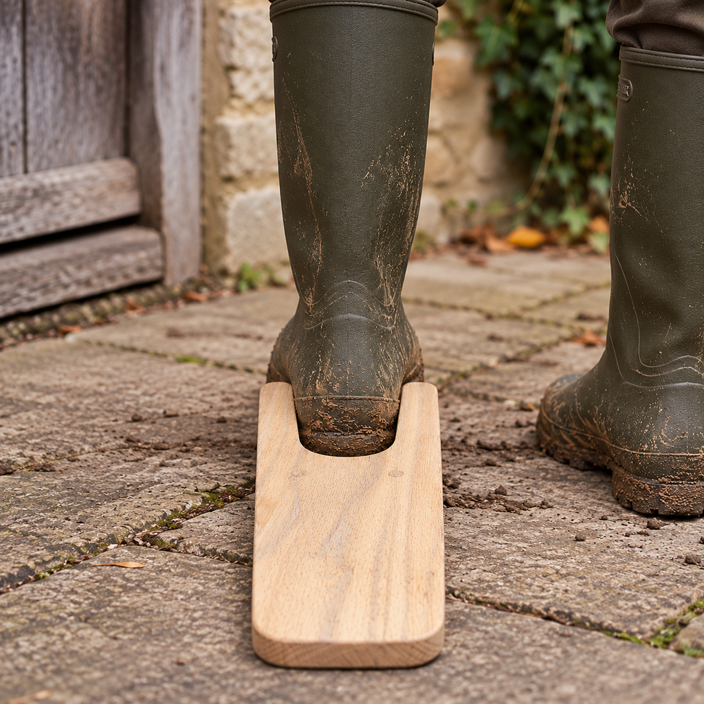 Muddy Wellington boot heel seated inside the fork of an oak Welly Pull boot jack