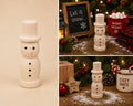 Handmade wooden turned snowman with top hat and button details, shown as a freestanding Christmas decoration on a mantelpiece and festive table display