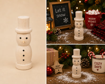 Handmade wooden turned snowman with top hat and button details, shown as a freestanding Christmas decoration on a mantelpiece and festive table display