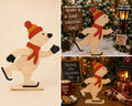 Handmade wooden skating bear decoration in large size, with bobble hat and scarf on ice skates, shown freestanding as a Christmas display piece