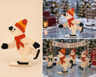 Handmade wooden skating bear decoration in small size, with bobble hat and scarf on ice skates, shown freestanding as a Christmas display piece