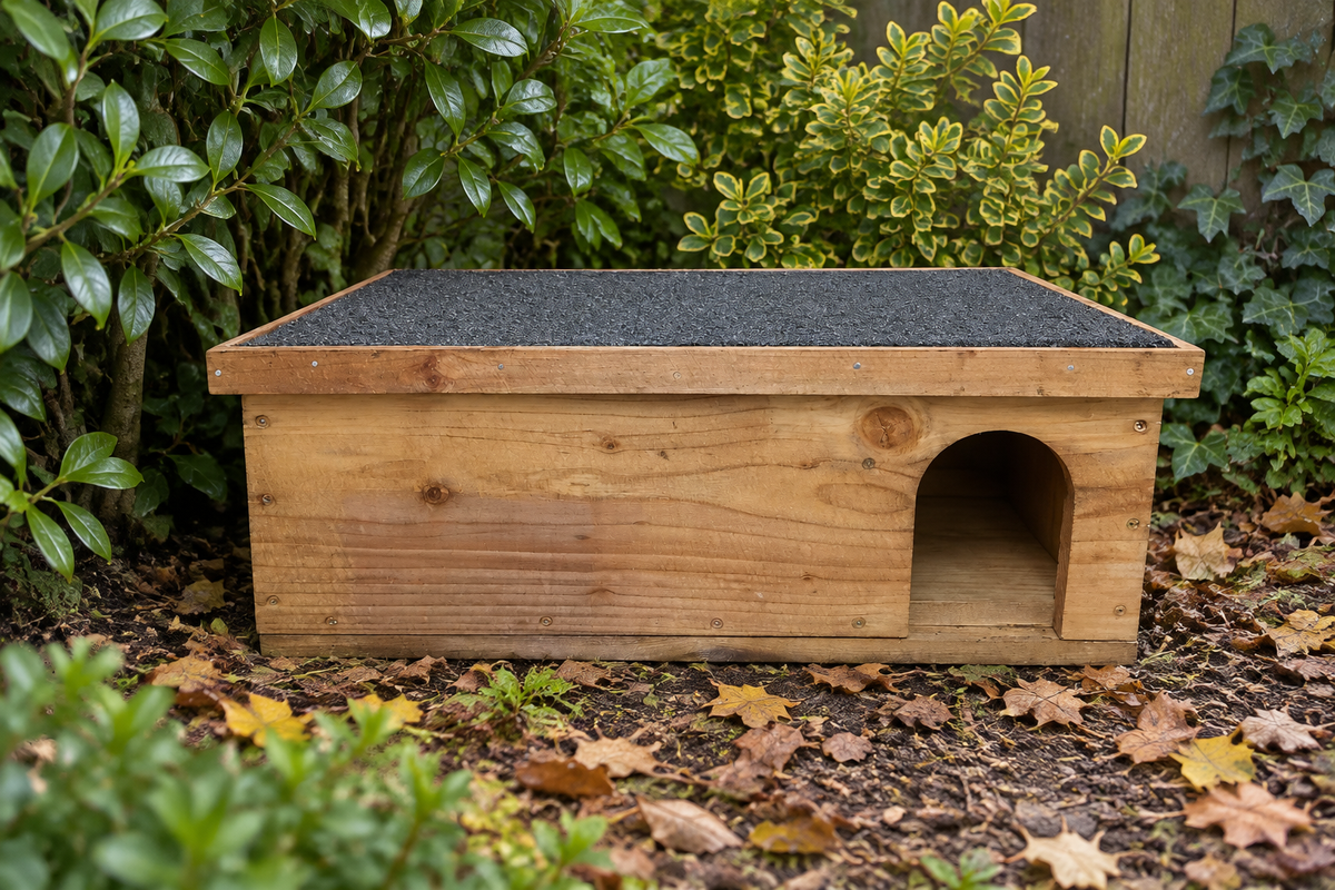 Hedgehog house in a sheltered garden setting
