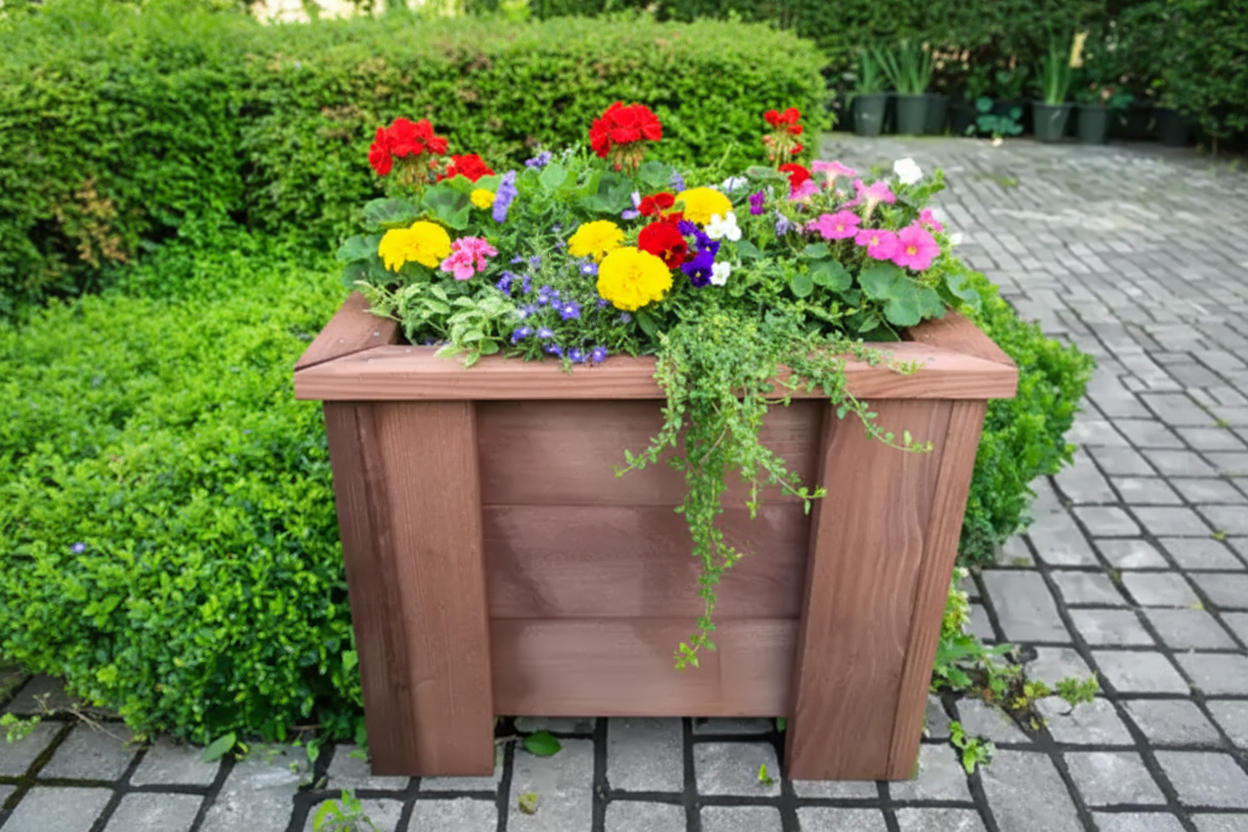Handcrafted wooden cube planter with colourful flowers