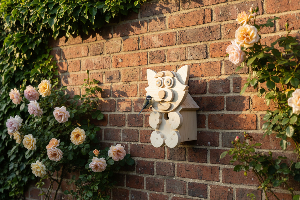 Handcrafted cat character bird box on brick wall with roses