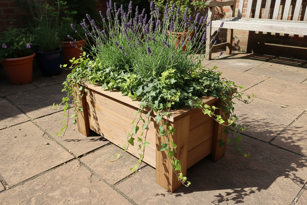 Handcrafted rectangular wooden planter on sunny patio with lavender