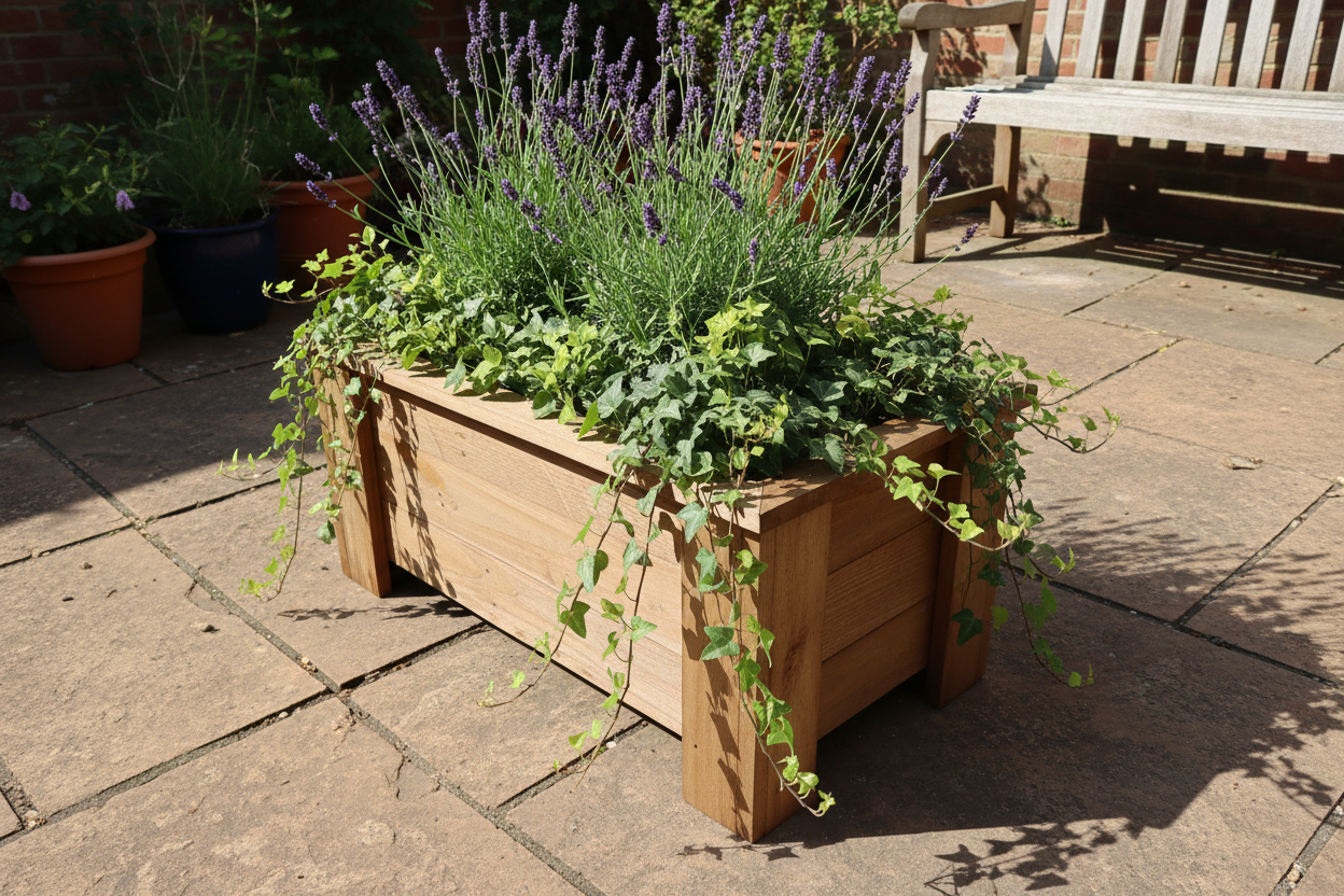 Handcrafted rectangular wooden planter on sunny patio with lavender