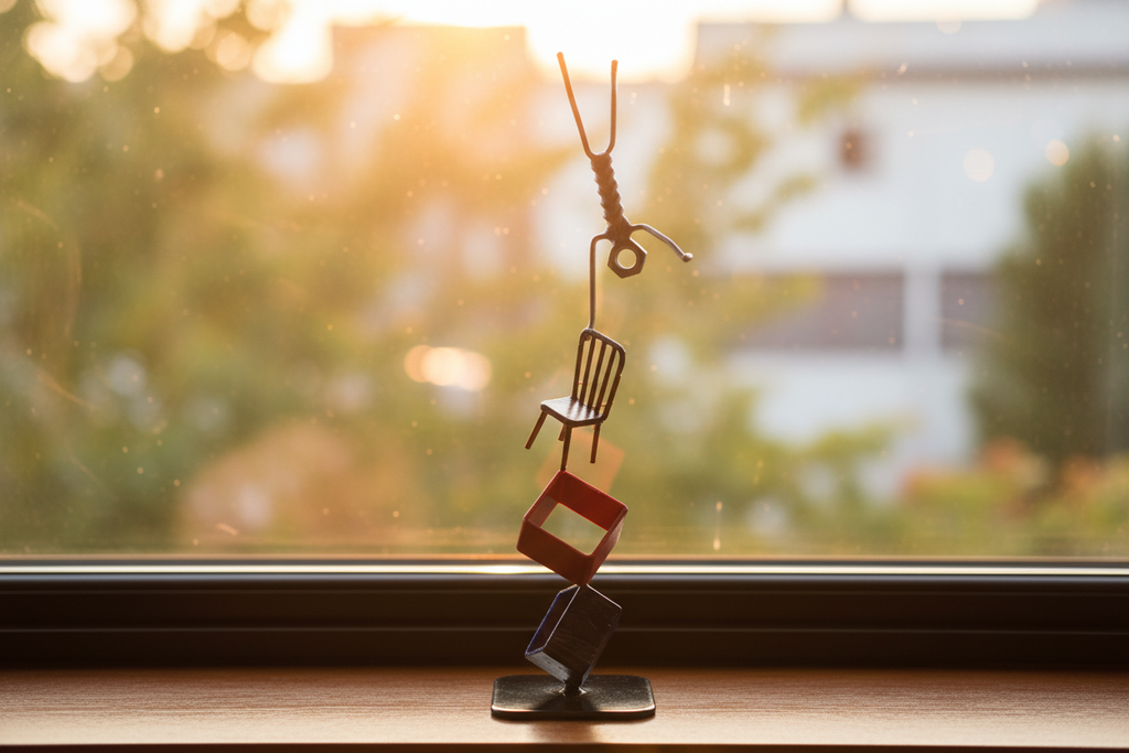 Holding It Together sculpture on a windowsill with golden hour light