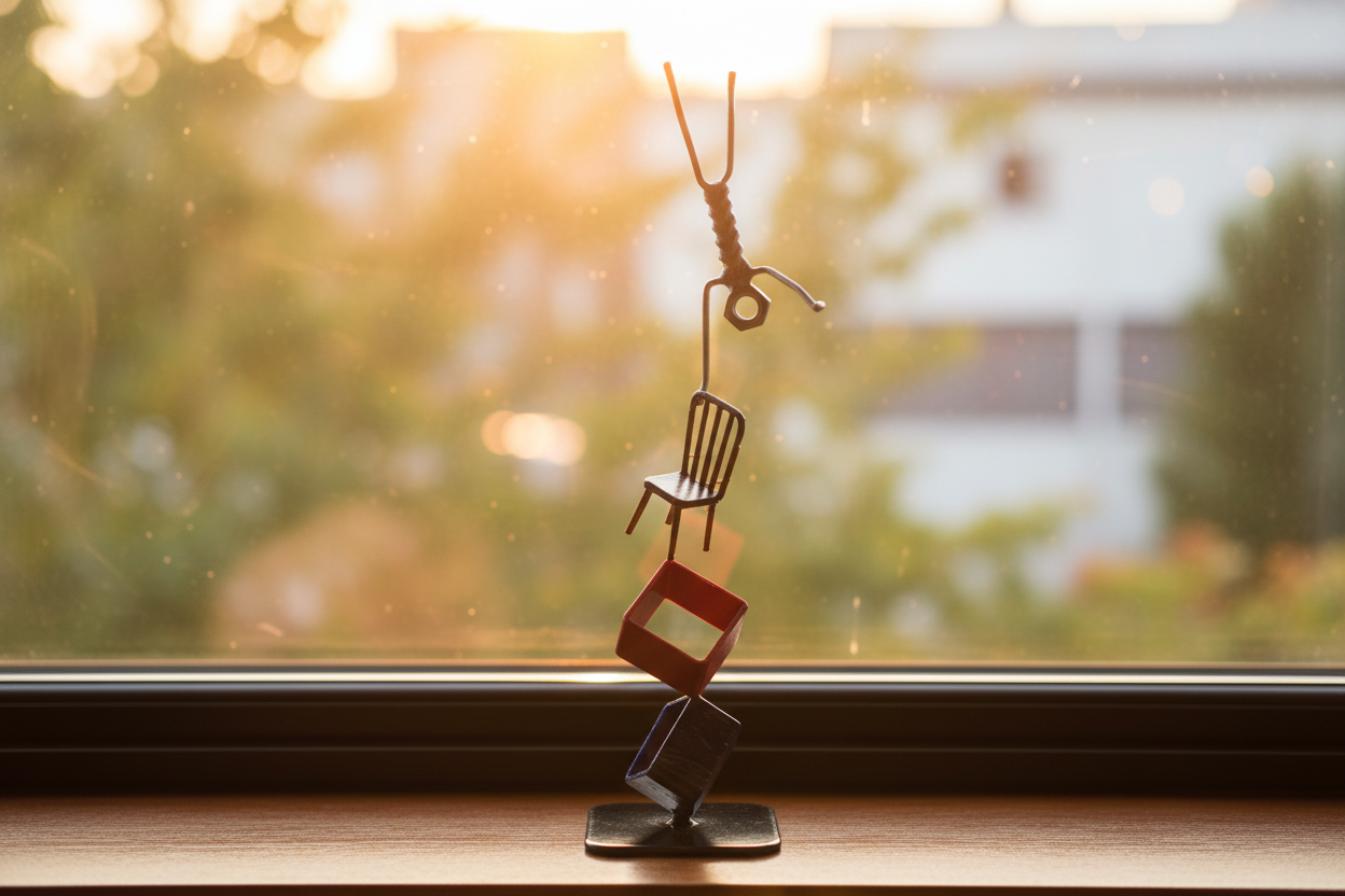 Holding It Together sculpture on a windowsill with golden hour light