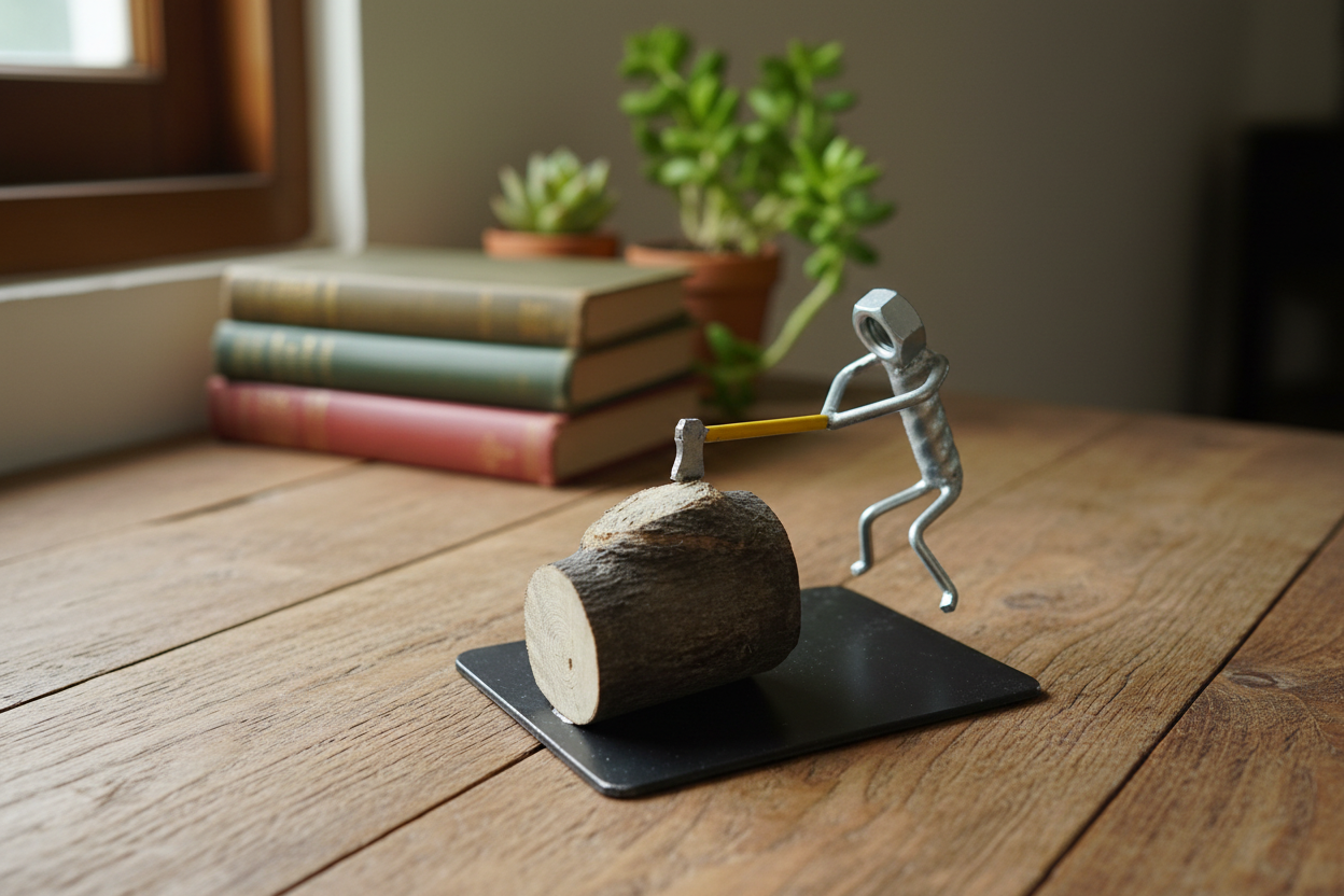 The Woodcutter sculpture lifestyle shot on a rustic wooden desk with natural light