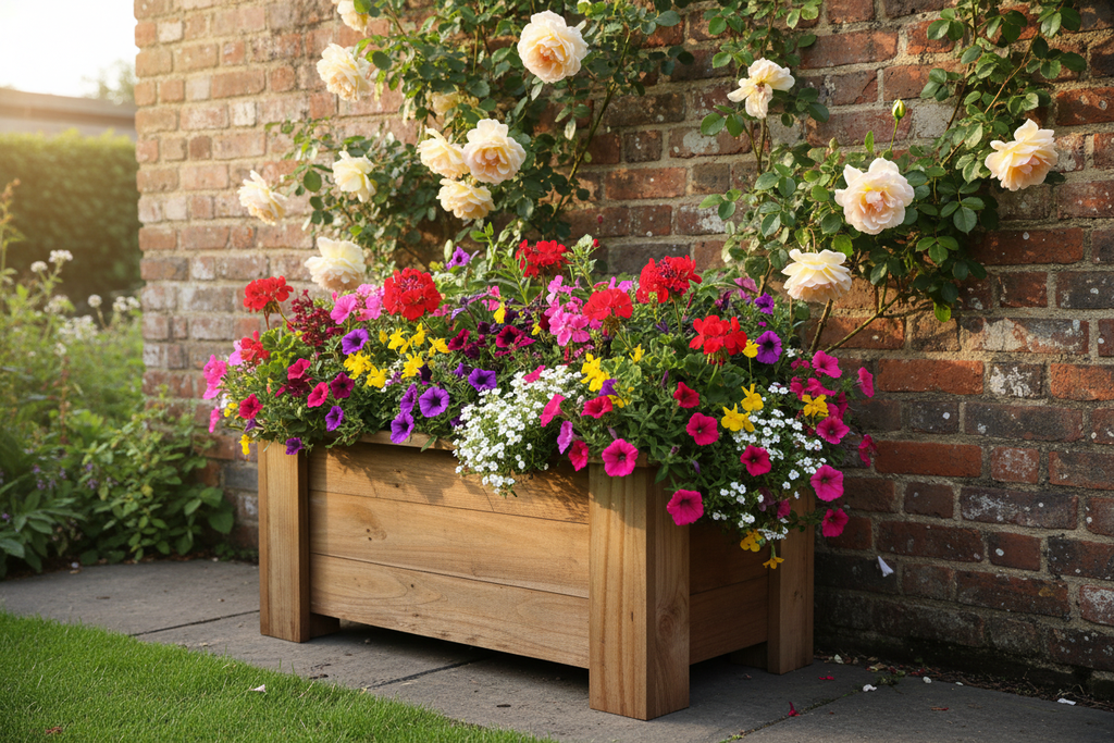 Handcrafted rectangular wooden planter against brick wall with roses