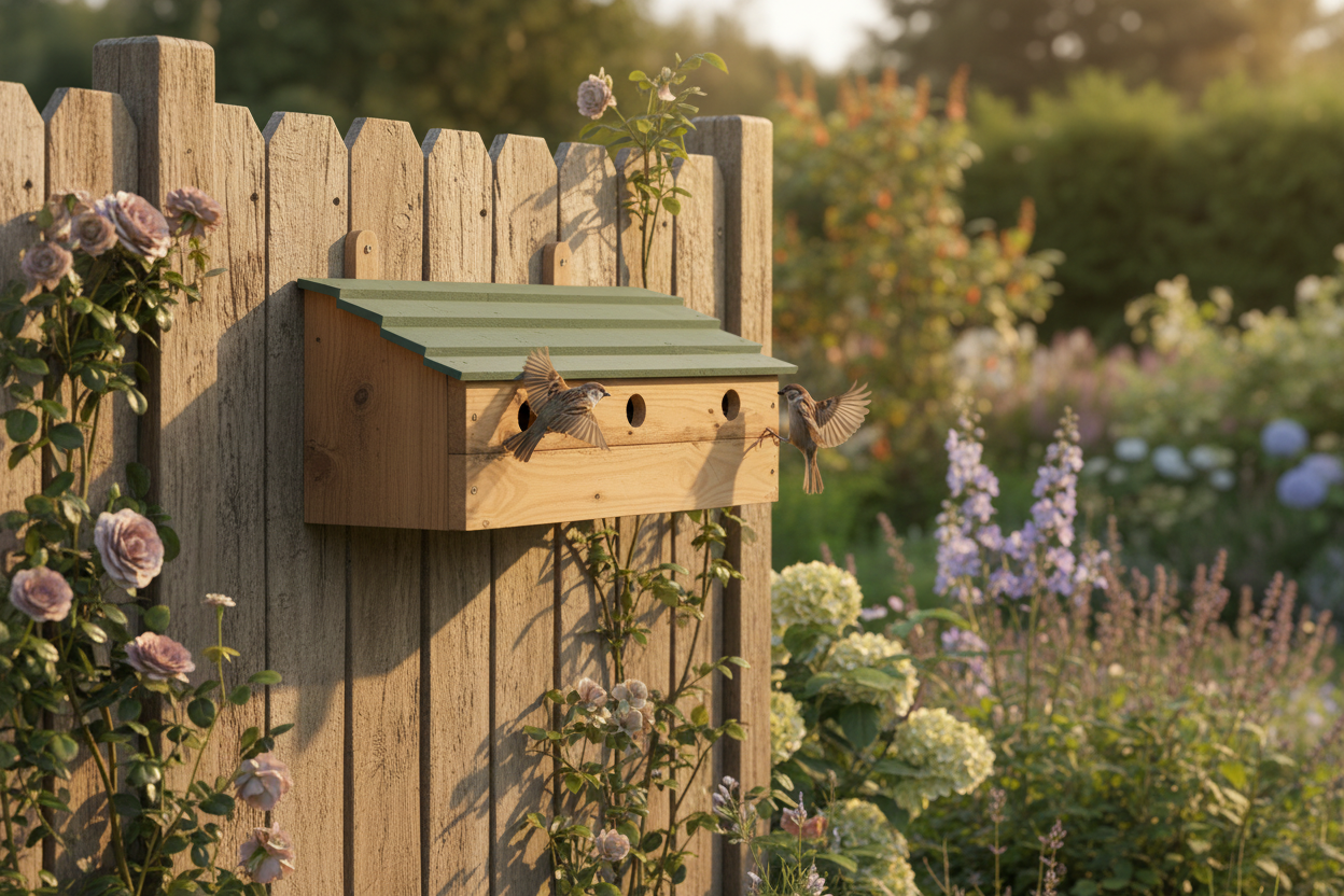 Sparrows flying into handcrafted HMO nesting box on garden fence