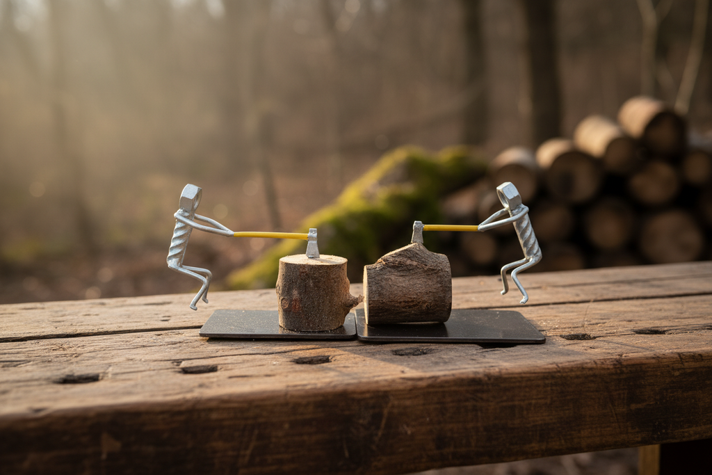 Two Woodcutter sculptures hero lifestyle shot side by side on a rustic wooden surface
