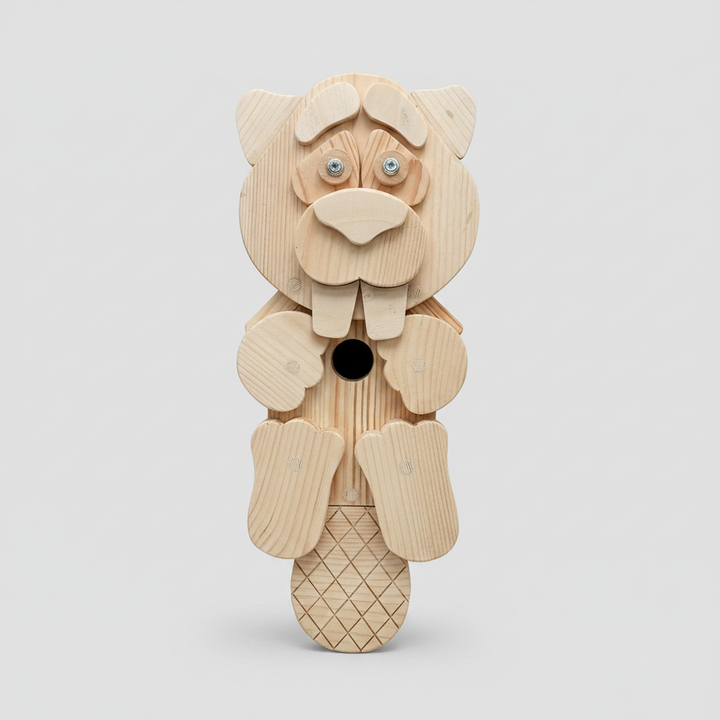 Handcrafted wooden beaver character bird box showing wood grain and carved detail