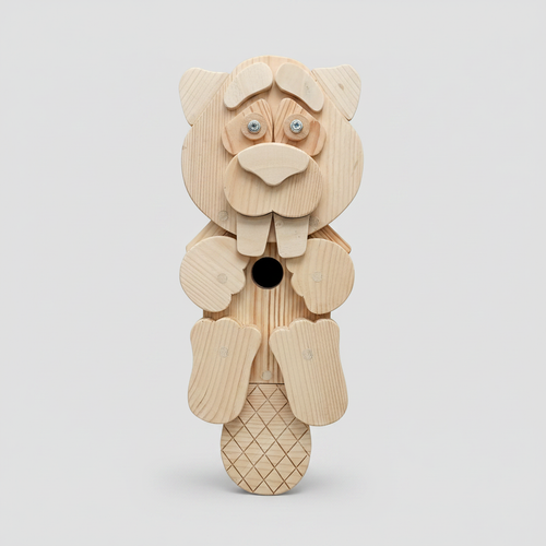 Handcrafted wooden beaver character bird box showing wood grain and carved detail