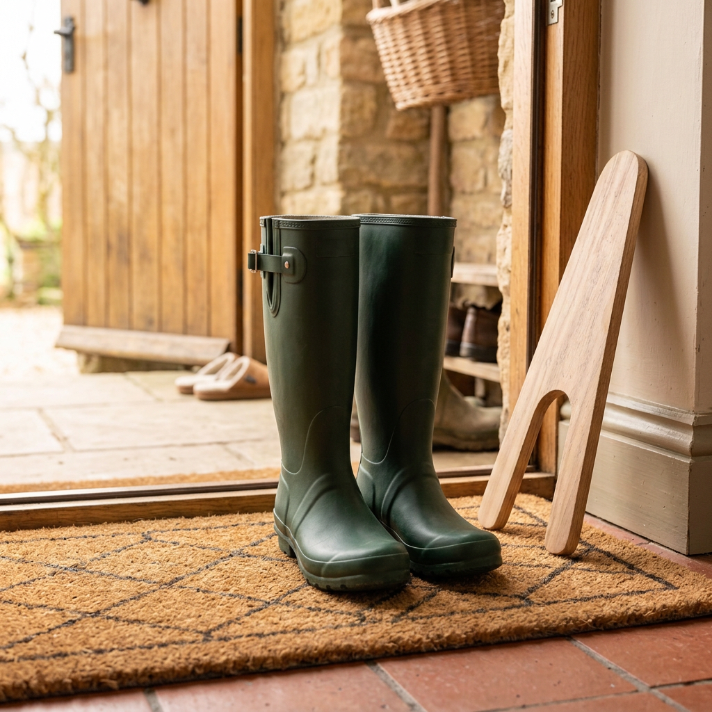 Clean green wellies by a door with an oak Welly Pull leaning against the wall