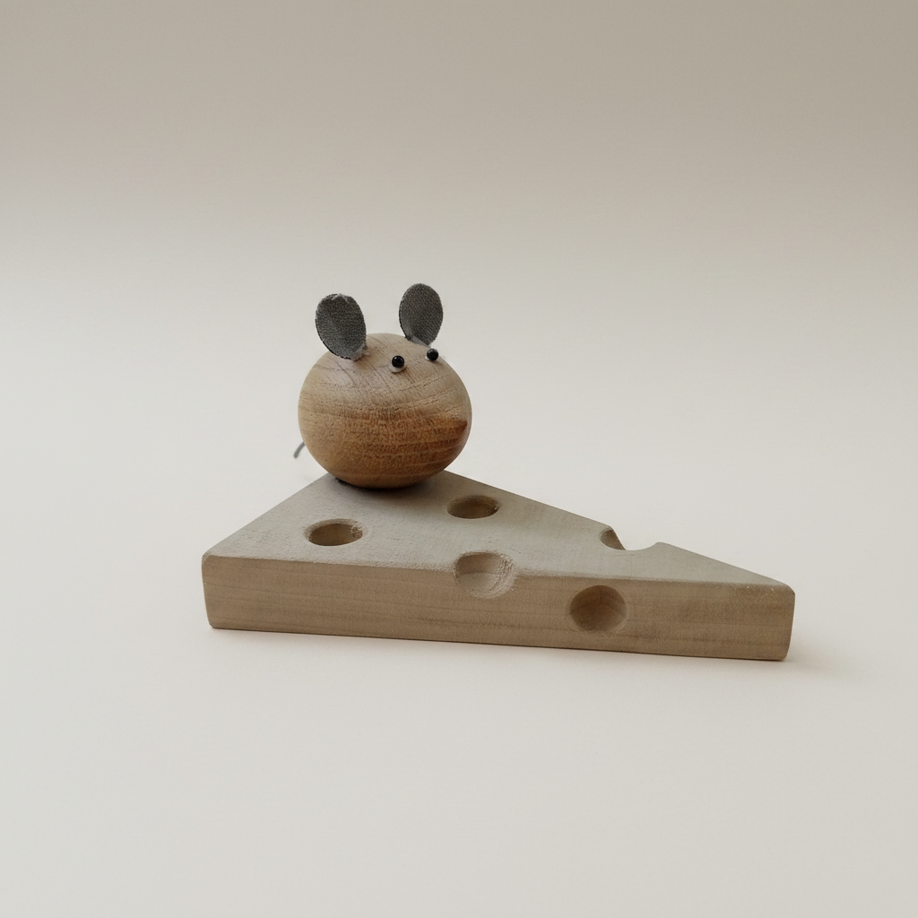 Handcrafted wooden mouse on cheese sculpture showing wood grain and artisan detail