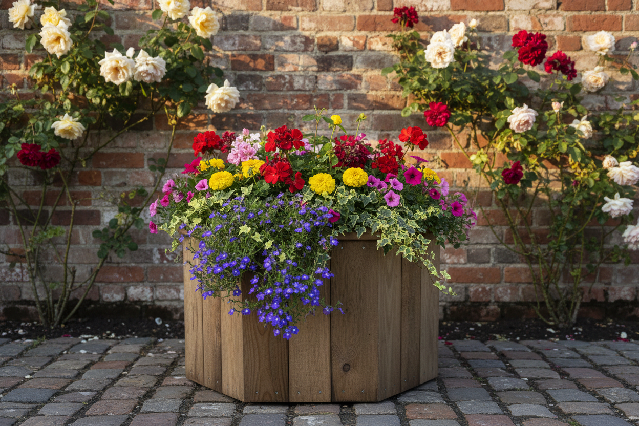 Handcrafted hexagonal wooden planter against brick wall with roses