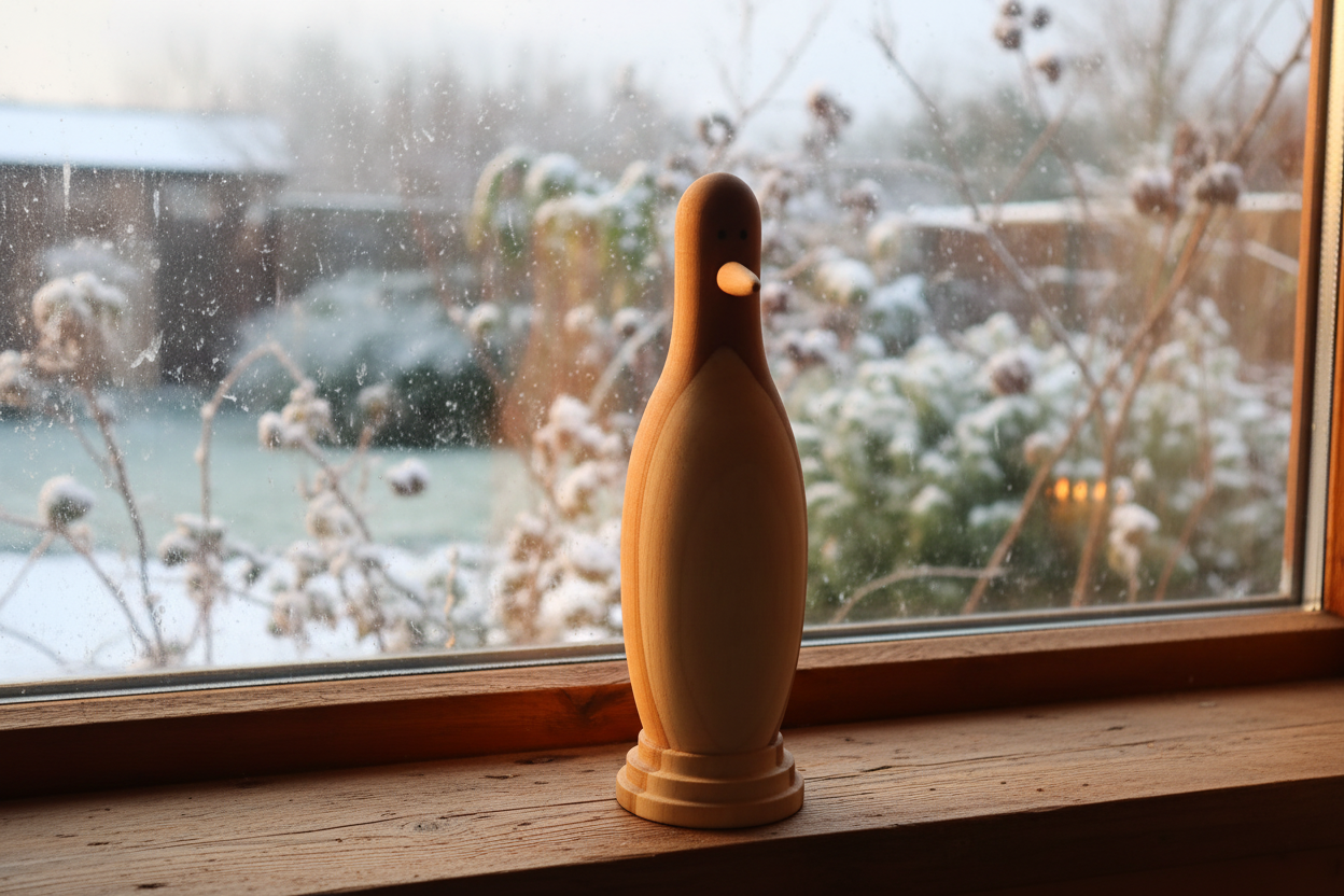 Wooden penguin sculpture on a windowsill looking out onto a frosty winter garden