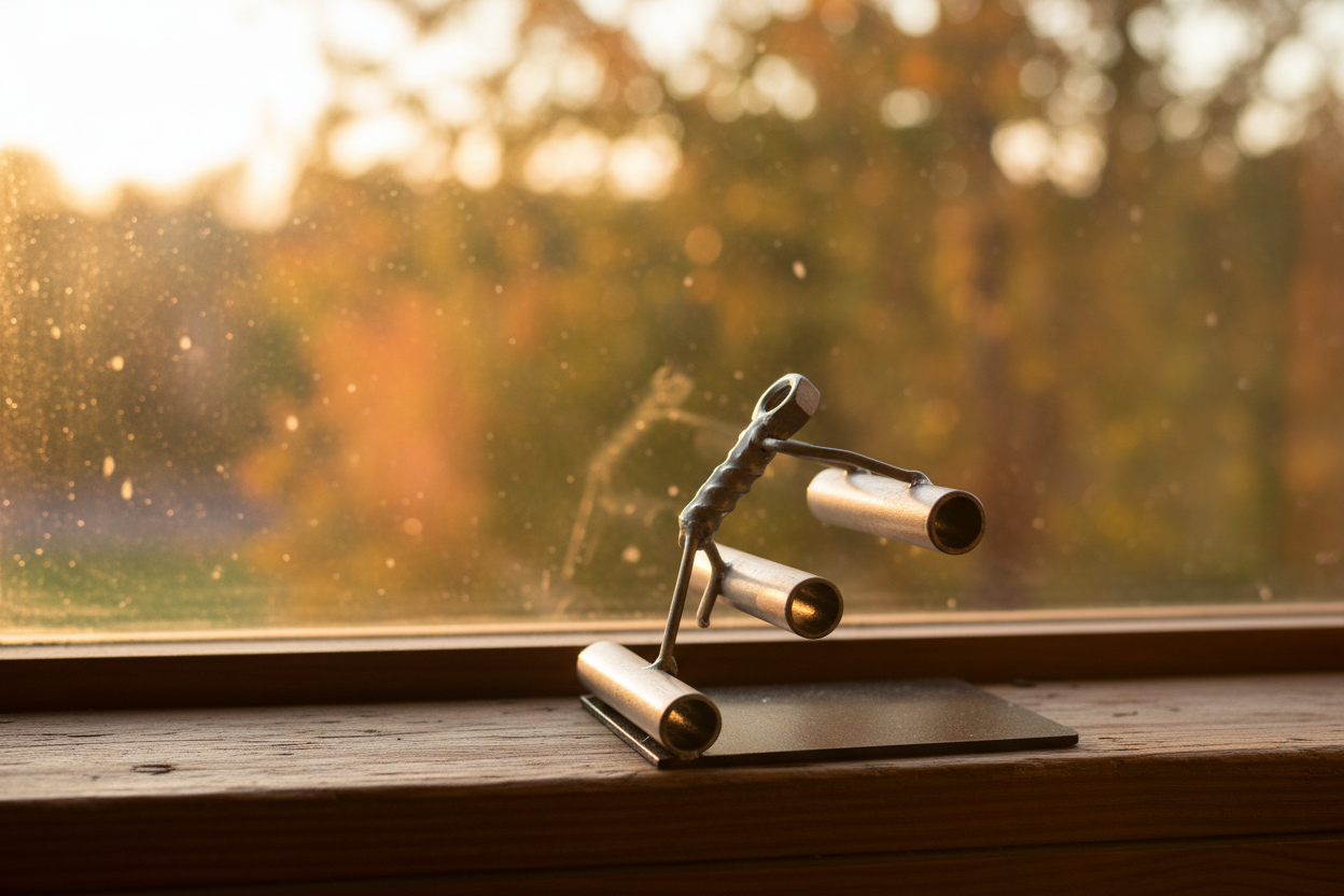 Summit Seeker sculpture on a windowsill with golden hour light