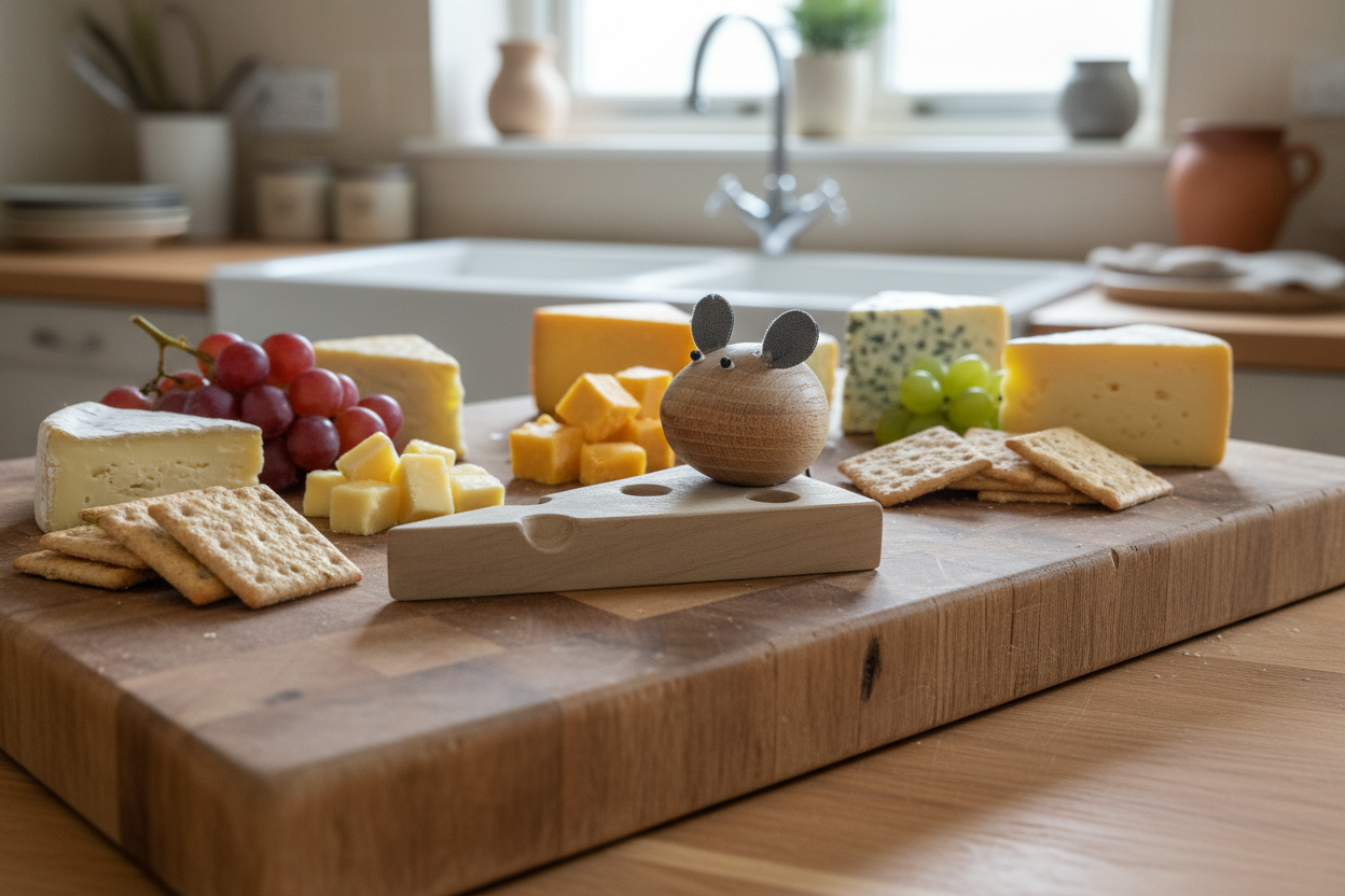 Wooden mouse on cheese sculpture on a rustic cheeseboard with grapes and crackers