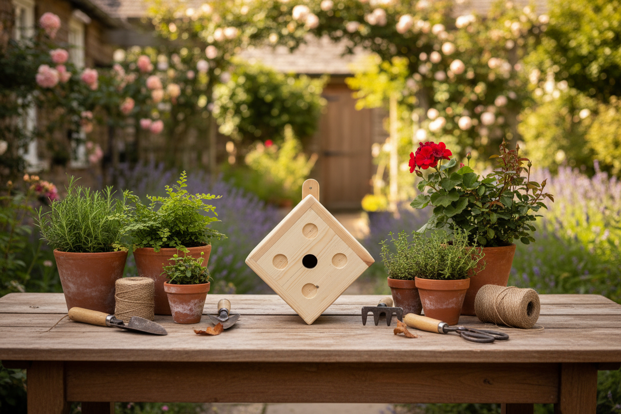 Wooden dice character bird box on a rustic garden table with potted plants