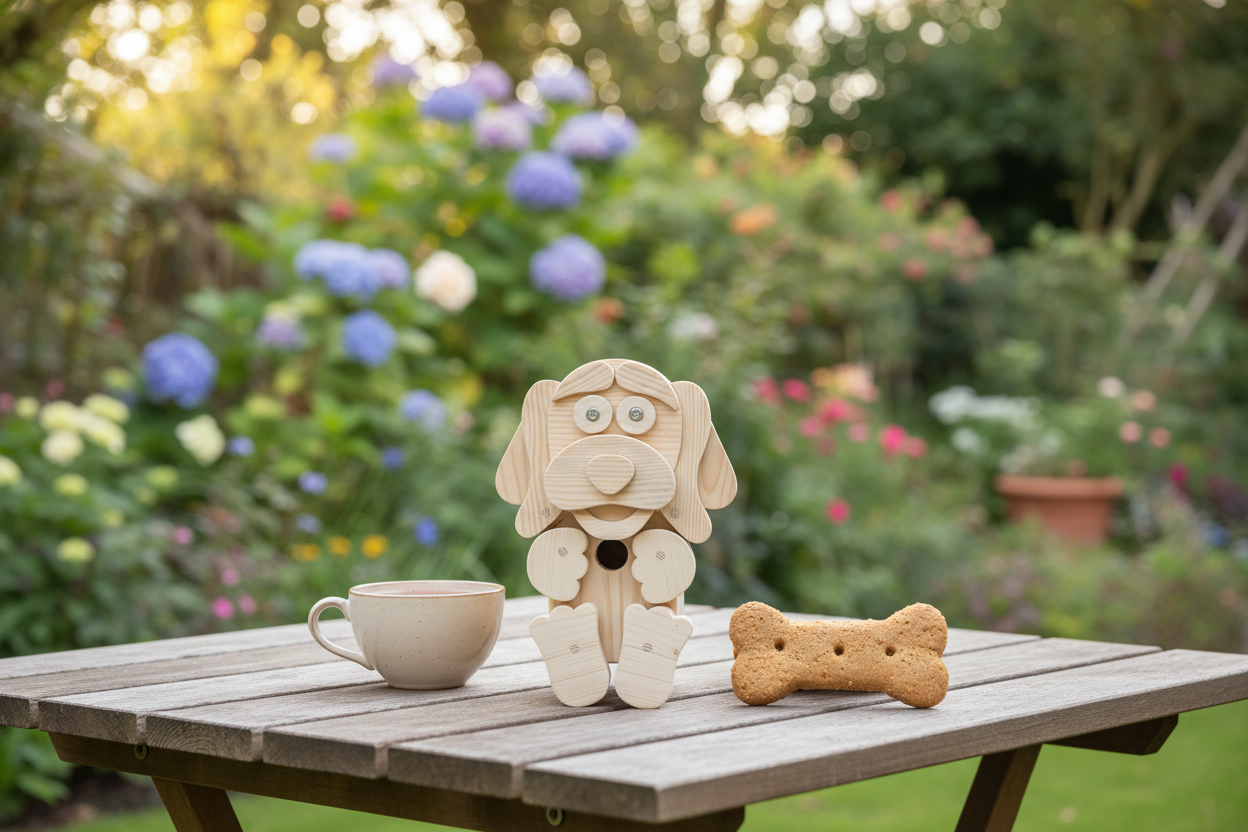 Wooden dog character bird box on a garden table with a cup of tea and a dog biscuit