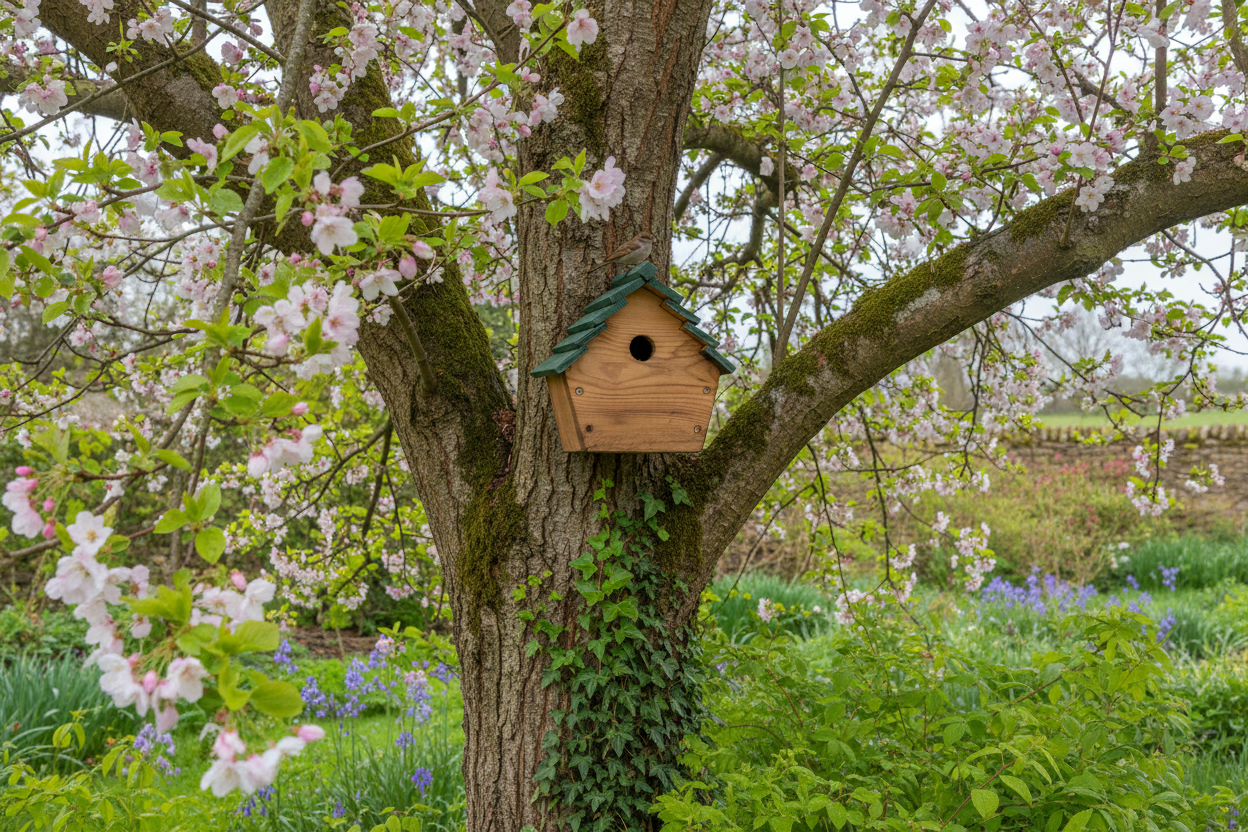 Handcrafted small sparrow house on tree trunk with blossom