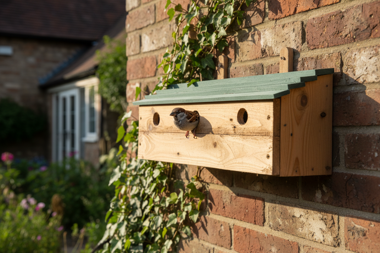 Sparrow perched at entrance hole of handcrafted HMO nesting box