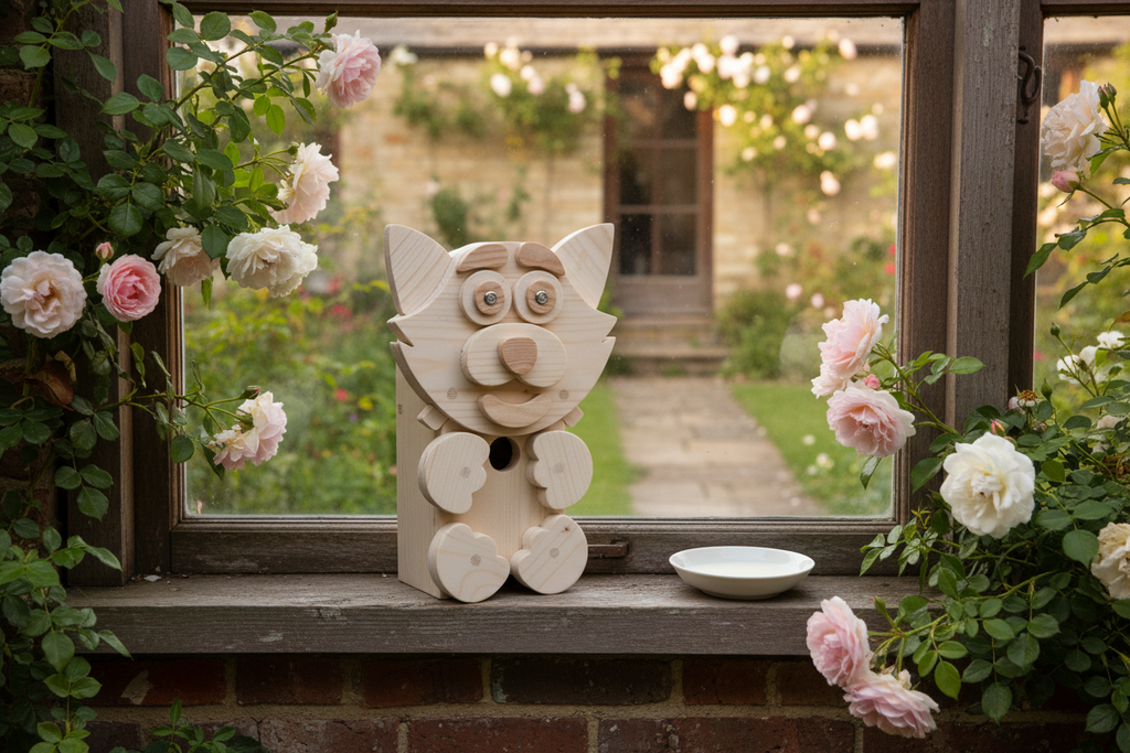 Handcrafted wooden cat character bird box on a cottage windowsill with a saucer of milk and climbing roses