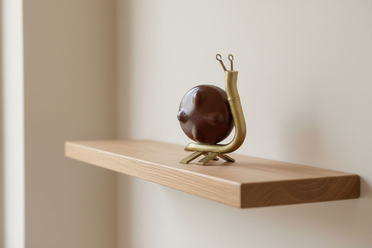 Slow and Steady snail sculpture displayed on a warm interior oak shelf