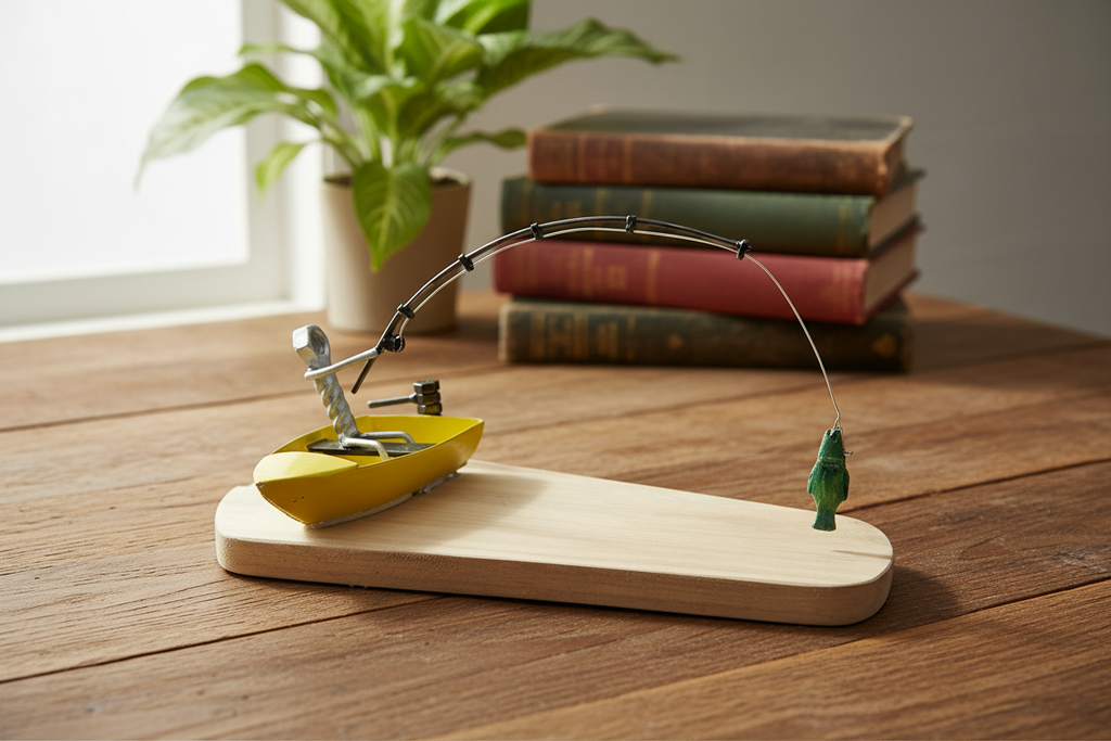 Fisherman sculpture on a rustic wooden desk with natural light