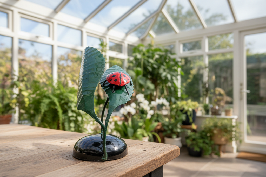 Ladybird Landing sculpture displayed in a bright conservatory setting