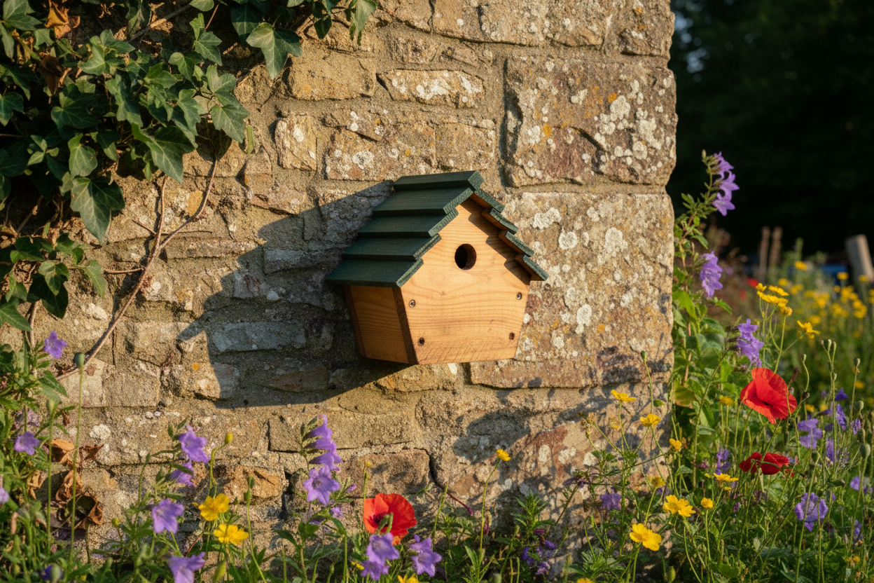 Handcrafted small sparrow house on garden wall with ivy