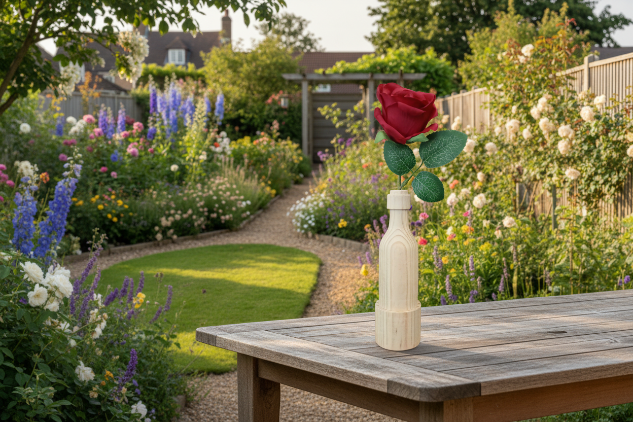 Wooden wine bottle holder with rose displayed on a garden table outdoors