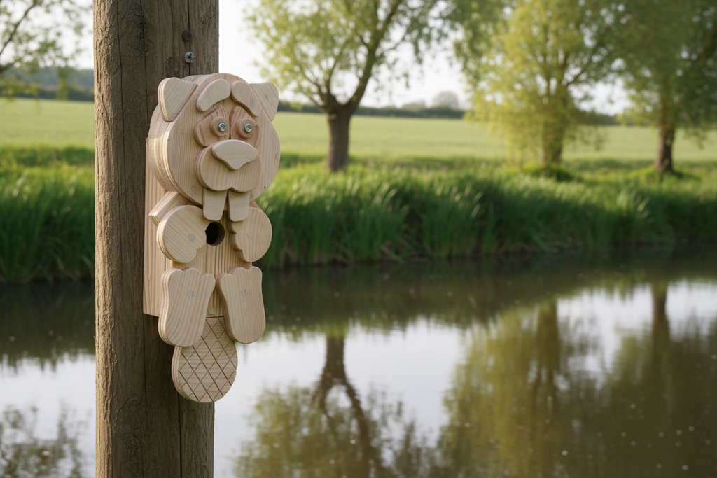 Wooden beaver character bird box mounted on a post at the edge of a calm river with willow trees