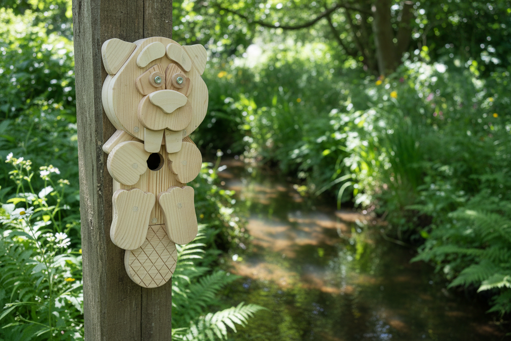 Wooden beaver character bird box mounted on a post beside a garden pond