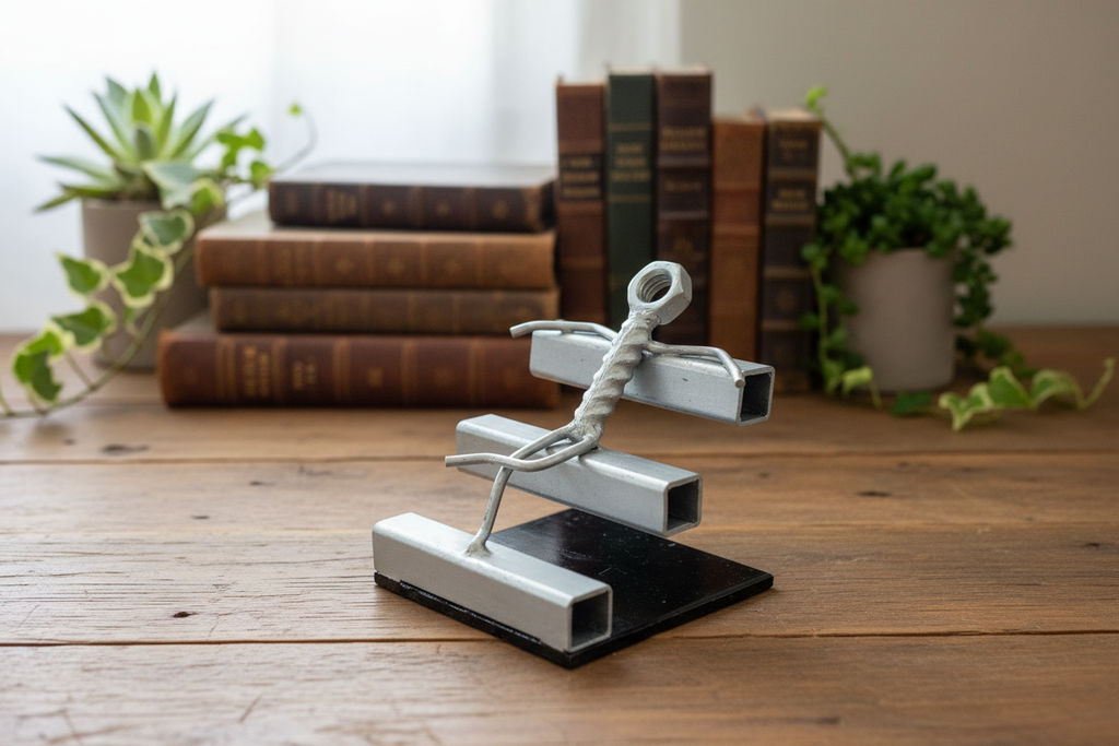 Chilled Out sculpture on a rustic wooden desk with natural light