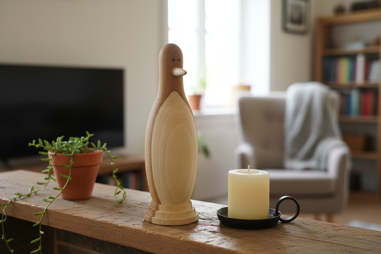 Wooden penguin sculpture on a rustic mantelpiece with a candle and potted plant