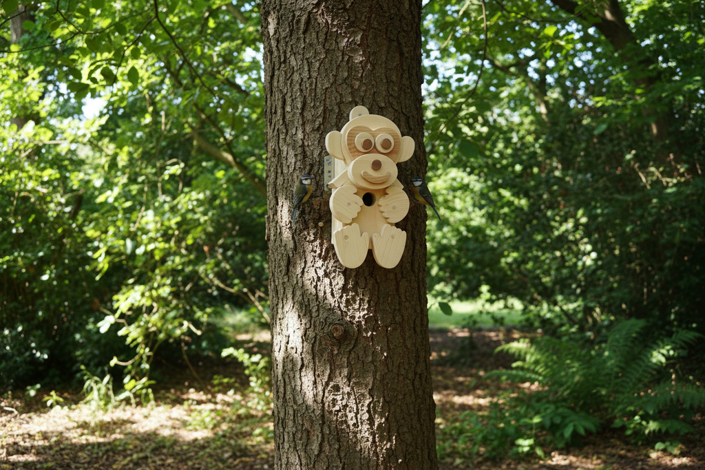 Wooden monkey character bird box mounted on a tree trunk in a lush woodland garden